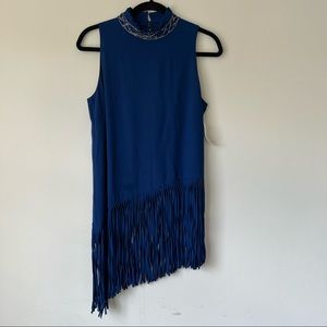 NFC 721 NWT Open Back Fringe Top Sleeveless High Neck Navy Embellished Sz Medium